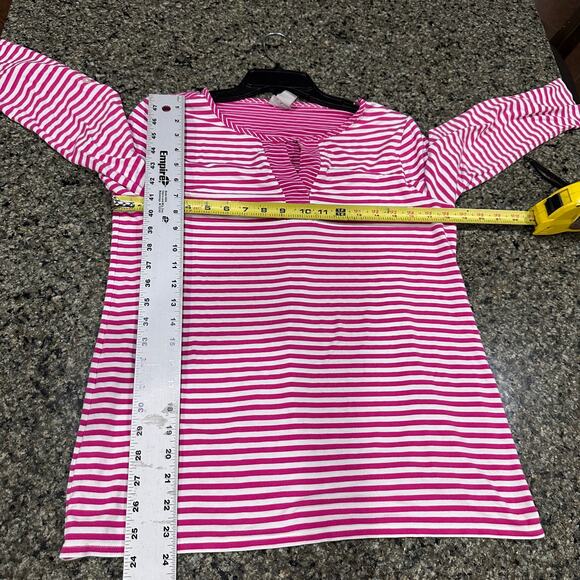 Chicos Tunic Top Size 1 US M 8-10 Pink White Striped Long Sleeves Split Neckline - Picture 5 of 7